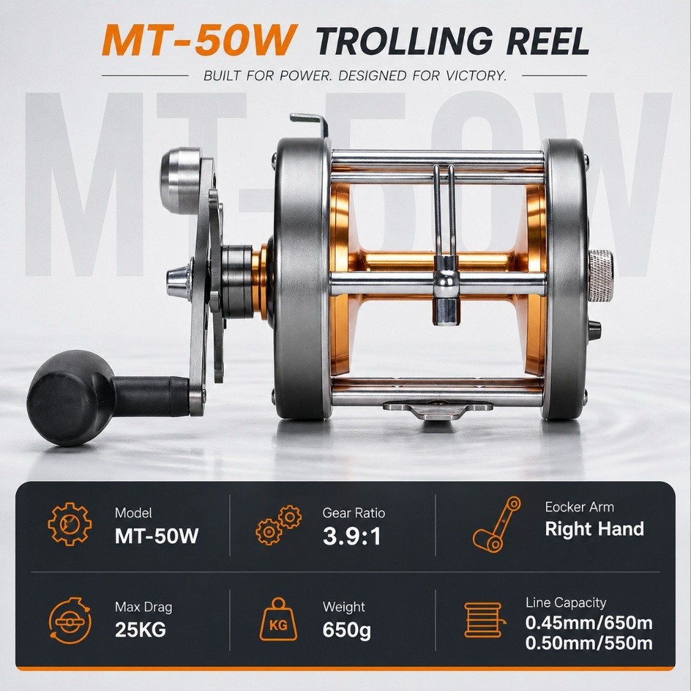 Trolling Reel - Kołowrotek trollingowy MT 50W, praworęczny, przełożenie